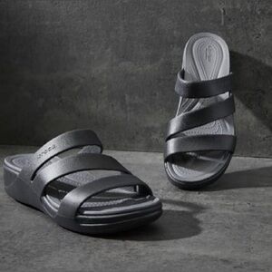 Crocs Boca Strappy Wedge Black Strappy Sandals Women’s Size W7 LiteRide Comfort